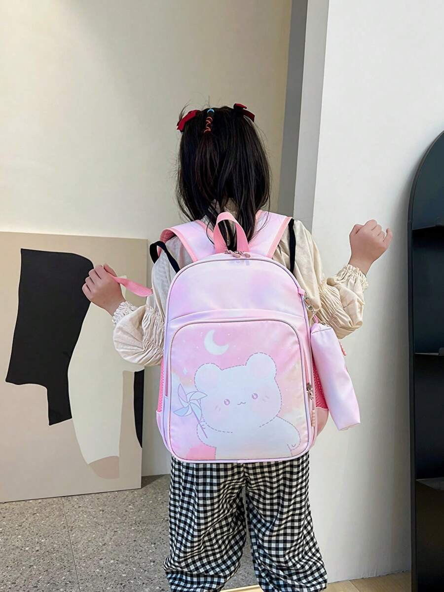 卡通美人魚獨角獸印花兒童與青少年背包,附鉛筆盒書包 - 粉色 - 查看 1