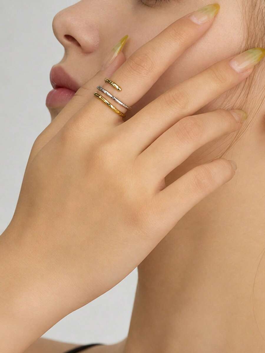 高端復古 925 純銀 18K 金鍍層 極簡不對稱開口戒指 女款 - anomaly - 查看 1