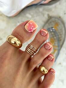 3pcs INS Minimalist Versatile Geometric Glossy Line Hollow Curved Toe Ring Set, Unique Niche Design Multi-Layer Foot Jewelry - Gold - View 2