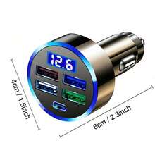 1pc Black 4-usb Port With Type-c Car Charger Adapter Featuring Led Display Of Voltage And Current - Black - View 7