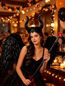 3pcs/Set Halloween Devil Costume, Includes Devil Horn Headband, Black Wings And Red Ball Scepter, Suitable For Halloween Events, Theme Parties And Cosplay - Multicolor - View 4