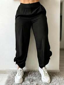 Women's Loose Wide Leg Pants With Side Slit And Cuffed Hem, 9/10 Length, Slimming And Height-Enhancing Black Casual Versatile Long Pants, Autumn/Winter Fashion Design - Black - View 4
