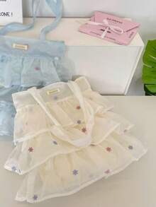 開學季 Ins 風格歐根紗層次感托特包，花卉刺繡韓系大容量單肩包，適合上課、通勤、購物、日常出遊、街頭穿搭、拍照必備托特包 - 白色 - 查看 3