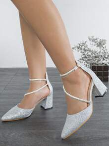 Pointed Toe Chunky High Heel, Rhinestone Decor Elegant Noble Suitable For Banquet Party Wear, Fashionable Versatile Hollow Women's Shoes. Black High Heels Red High Heels. - Silver - View 5