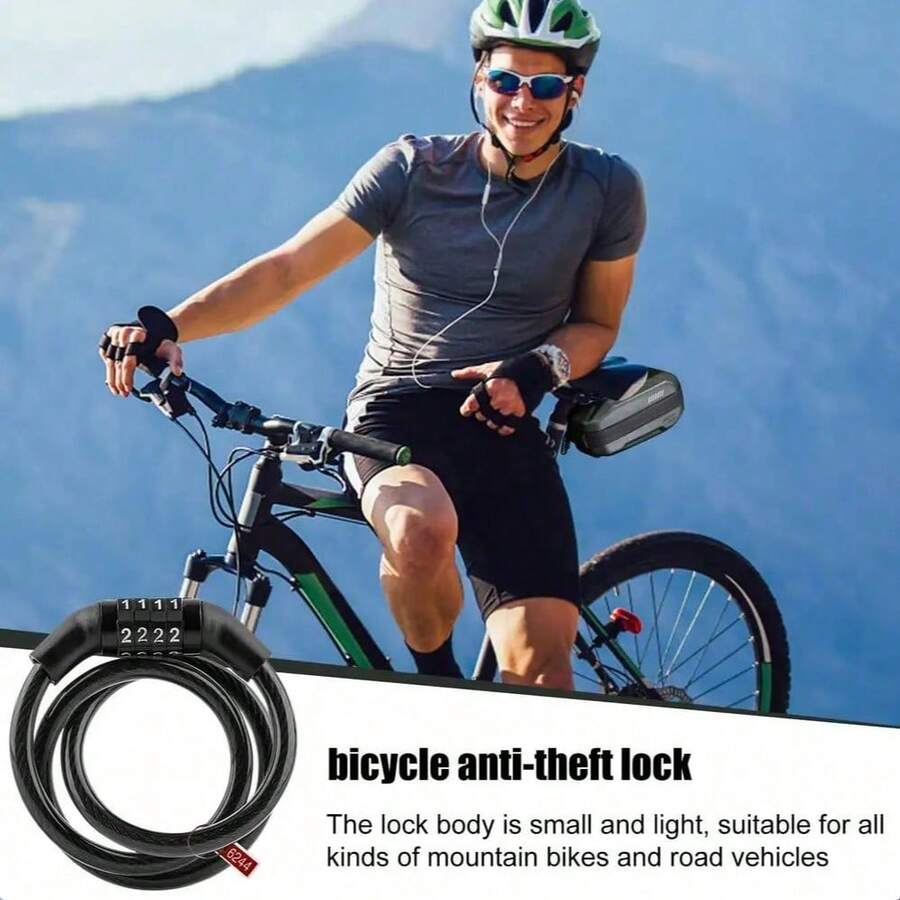 1pc Bicycle Combination Cable Lock Waterproof Anti-Theft Lock 4-Digit Code Bike Lock Motorcycle Electric Scooter Ring Lock - Black - View 1
