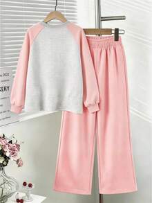 2pcs Set Suitable For Young Girl And Girls, Round Neck Sweatshirt And Wide Leg Pants Outfit, Printed With Cartoon Pearl Milk Tea And Donut Pattern Round Neck Sweatshirt + Wide Leg Pants Matching Set, Suitable For Autumn/Winter Daily Wear, Campus Style, Homecoming Outfit - Multicolor - View 3