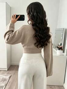 Women's Deep V-Neck Cinched Waist Knit Sweater, Casual Elegant Old Money Style, Versatile Layering Piece, Wool Blend - Khaki - View 5
