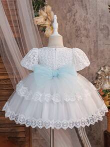 Baby Girls Square Neck Lace Embroidered Tulle Cute 1st Birthday Dress Suitable For Wedding Party, Fabric Pattern Randomly Cut, Headband Not Included - White - View 2