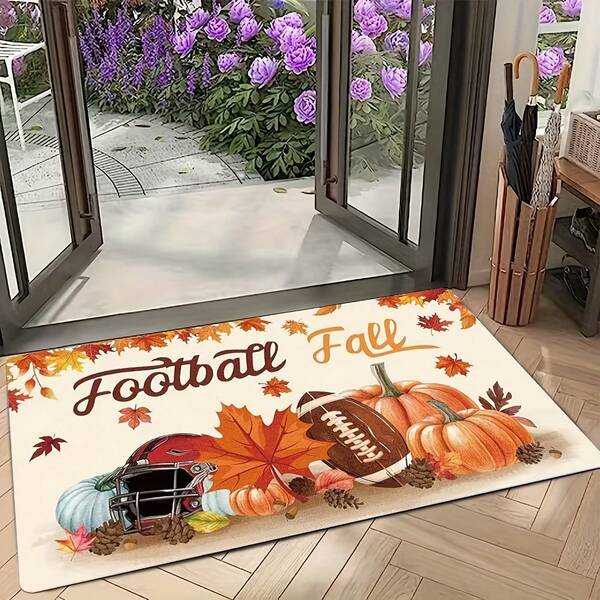 Fall Football Pumpkin Doormat, Autumn Maple Leaf Pine Cone Football Helmet Print Non‑Slip Front Door Entrance Rug For Fall Home Decor