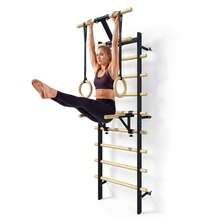 UNIONLINE Wall Mounted Swedish Ladder With Pull Up Bar & Gym Rings | Multi-Functional Home Physio Workout Station, Wall-Mounted Swedish Ladder Gym Equipment, Pull Up Bar And Wooden Rings - Black - View 1