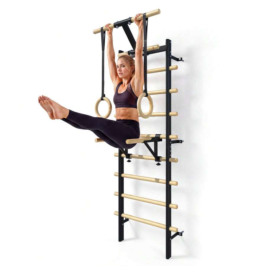 UNIONLINE Wall Mounted Swedish Ladder With Pull Up Bar & Gym Rings | Multi-Functional Home Physio Workout Station, Wall-Mounted Swedish Ladder Gym Equipment, Pull Up Bar And Wooden Rings - Black - View 1