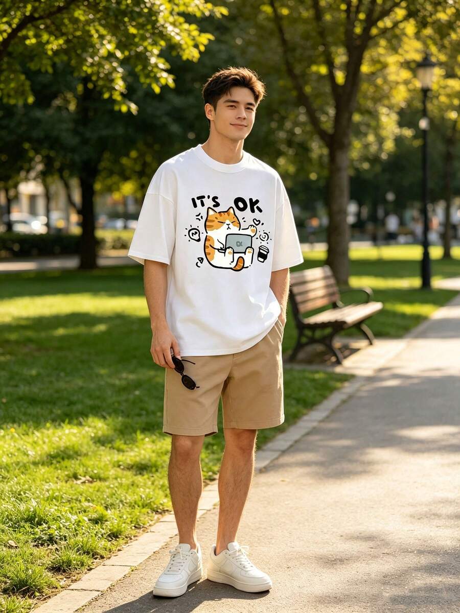 Breathable Cotton Short Sleeve Tee - Men's Casual Loose Fit T-Shirt with Cute Cat Print for Summer - Weiss - Übersicht 1