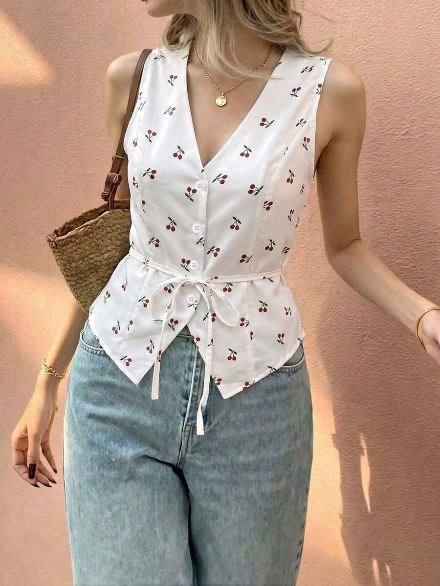 Blus Wanita Tanpa Lengan Motif Ceri, Leher V, Desain Ikat Pinggang, Modis & Serbaguna untuk Beraktivitas di Musim Panas - MultiWarna - View 1