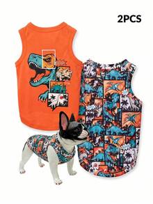 LUCKIE LABO 2pcs/Set Dinosaur Pattern Pet Vest, Physical Anti-Flea & Reduce Shedding, Heat Insulation & Breathable, Suitable For Small & Large Dogs, Indoor & Outdoor - Orange - View 1