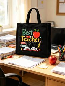 Teacher Theme Black Linen Tote Bag Set, Includes Large Tote Bag + Small Coin Purse, Printed With Best Teacher Ever Apple Design, Large Capacity Durable Canvas Material, Perfect Gift For Teacher's Day, Suitable For Students To Purchase And Give To Teachers, Daily Commute, Lesson Planning, Book And Stationery Storage - Multicolor - View 14