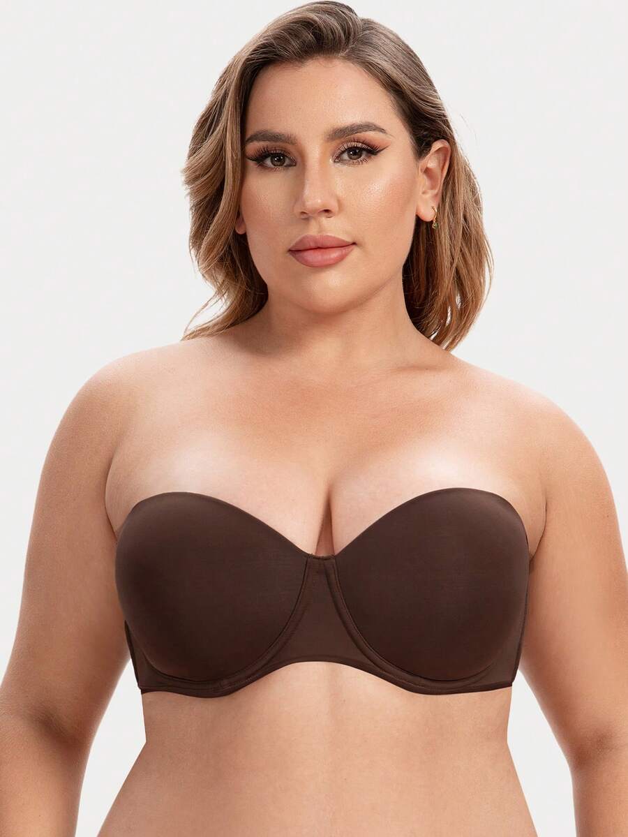 MELENECA Sujetador sin tirantes para mujer para busto grande, con efecto alisante en la espalda, de talla grande con aros - Café integral - Ver 1