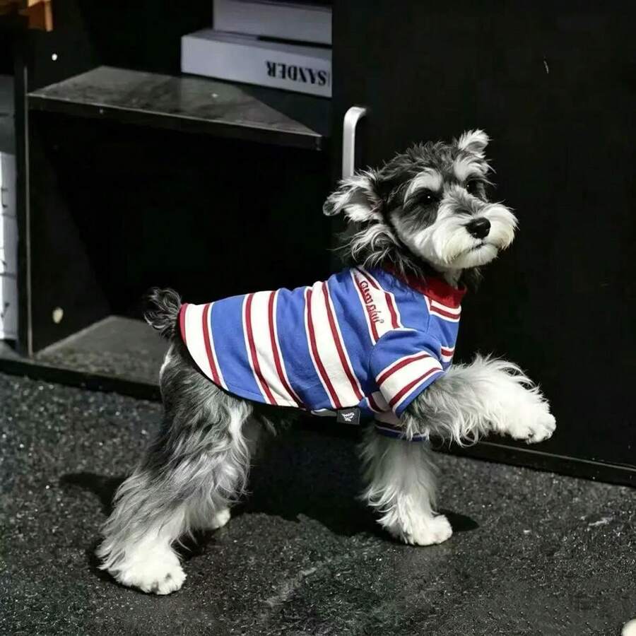 1pc Blue, Red, White Striped Dog T-Shirt, Soft And Breathable Pet Clothing, Suitable For Daily Wear, Fits Small To Medium Cats And Dogs - Blue and White - View 1