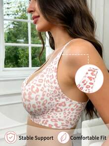 Sujetador sin aros para mujer, sin costuras, con estampado de leopardo rosa, copa completa, suave, con soporte de molde fino, transpirable y con efecto realzador de busto en V profundo. - Multicolor - Ver 6