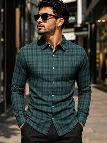 Men's Long Sleeve Plaid Shirt, Suitable For Autumn Wear - Green - View 1