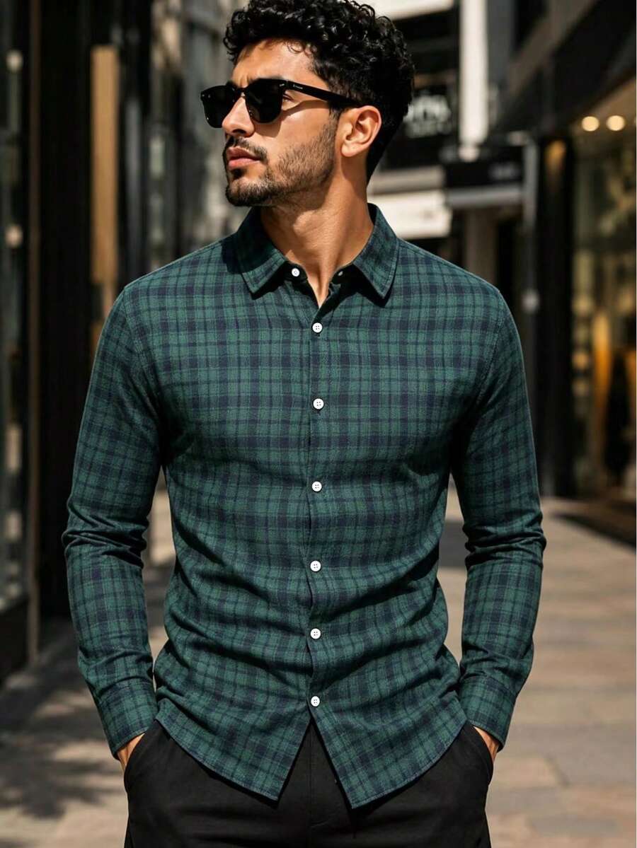 Men's Long Sleeve Plaid Shirt, Suitable For Autumn Wear - Green - View 1