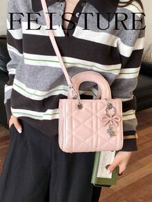FEISTURE Women's Quilted Solid Color Handbag, Fashionable Shoulder Crossbody Bag With Bow Pendant, Suitable For Ladies, Work, School, Purse, Casual - Multicolor - View 6