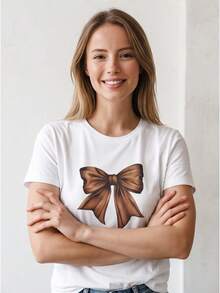 Short Sleeve Crew Neck, Soft Breathable Brown Coquette Bow Pattern For Daily Outdoor Outfits Spring Summer Autumn, Local Shipping - 白色 - 查看 1