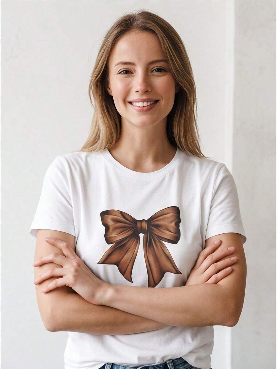 Short Sleeve Crew Neck, Soft Breathable Brown Coquette Bow Pattern For Daily Outdoor Outfits Spring Summer Autumn, Local Shipping - 白色 - 查看 1