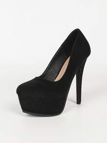 Elegant Round Toe Stiletto Heel Professional Women's Pumps, Black Suede High Heel Slip-On Shoes - Black - View 7