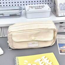 1pc Minimalist Solid Color Plush Pencil Case, Multi-Layer Large Capacity Nylon Pen Bag With Front Snap Pocket, Simple Label Decor Zipper Stationery Storage Bag, Suitable For Portable Storage Of School Supplies And Cosmetics, Perfect For Back To School Season - Solid Color Plush Pencil Case - View 3