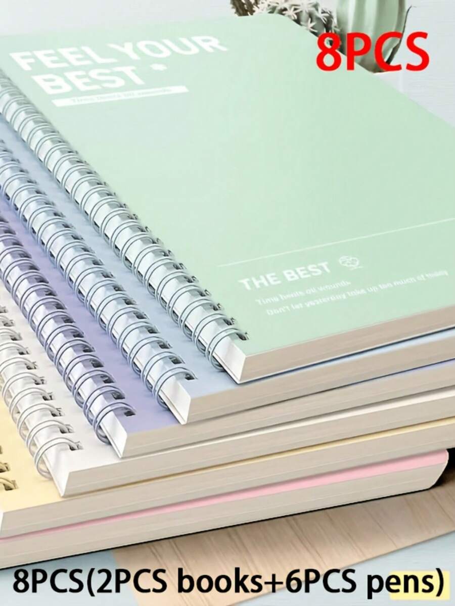 8 PCS Set, Including 2 Spiral Notebooks In Random Colors And 6 Pens, Easy A5 Hardcover Spiral Notebook, Tearable Pages With Horiz, First Day Of School