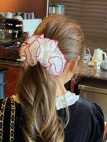 1pc Women's 19cm/7.48in Red Ditsy Floral Large Scrunchie, Fashionable Versatile High-End Elegant Minimalist Solid Color Hair Accessory, Suitable For Daily Wear, Casual, Beach, Party, Commuting, Vacation, Ponytail, Bun, Face Washing, Bathing, Makeup, Outfit Matching, Hair Ornament - Red - View 6