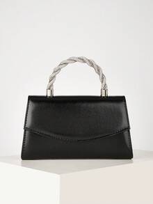 Noctella Women's Black Textured Clutch Bag With Rhinestone Braided Top Handle, Elegant Evening Purse For Wedding, Cocktail Party & Formal Events - Black - View 2