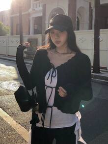 V-Neck Tie-Up Knit Cardigan For Women, Lightweight Loose Casual Short Jacket For Summer Black - Black - View 6