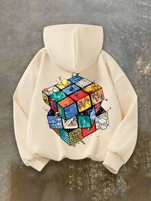 Street Art Style Big Boys Hooded Sweatshirt, 3D Cube Multi-Scene Graffiti Back Print, Soft Autumn/Winter Campus Top - Apricot - View 3
