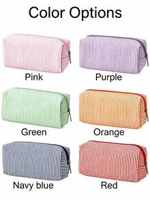 Custom Embroidered Name Striped Canvas Makeup Bag, Personalized Letter Zipper Storage Pouch, Bridesmaid Invitation Gift Cosmetic Organizer Pencil Case, Custom Text Portable Travel Toiletry Bag, Wedding Bachelorette Party Favor - Multicolor - View 9