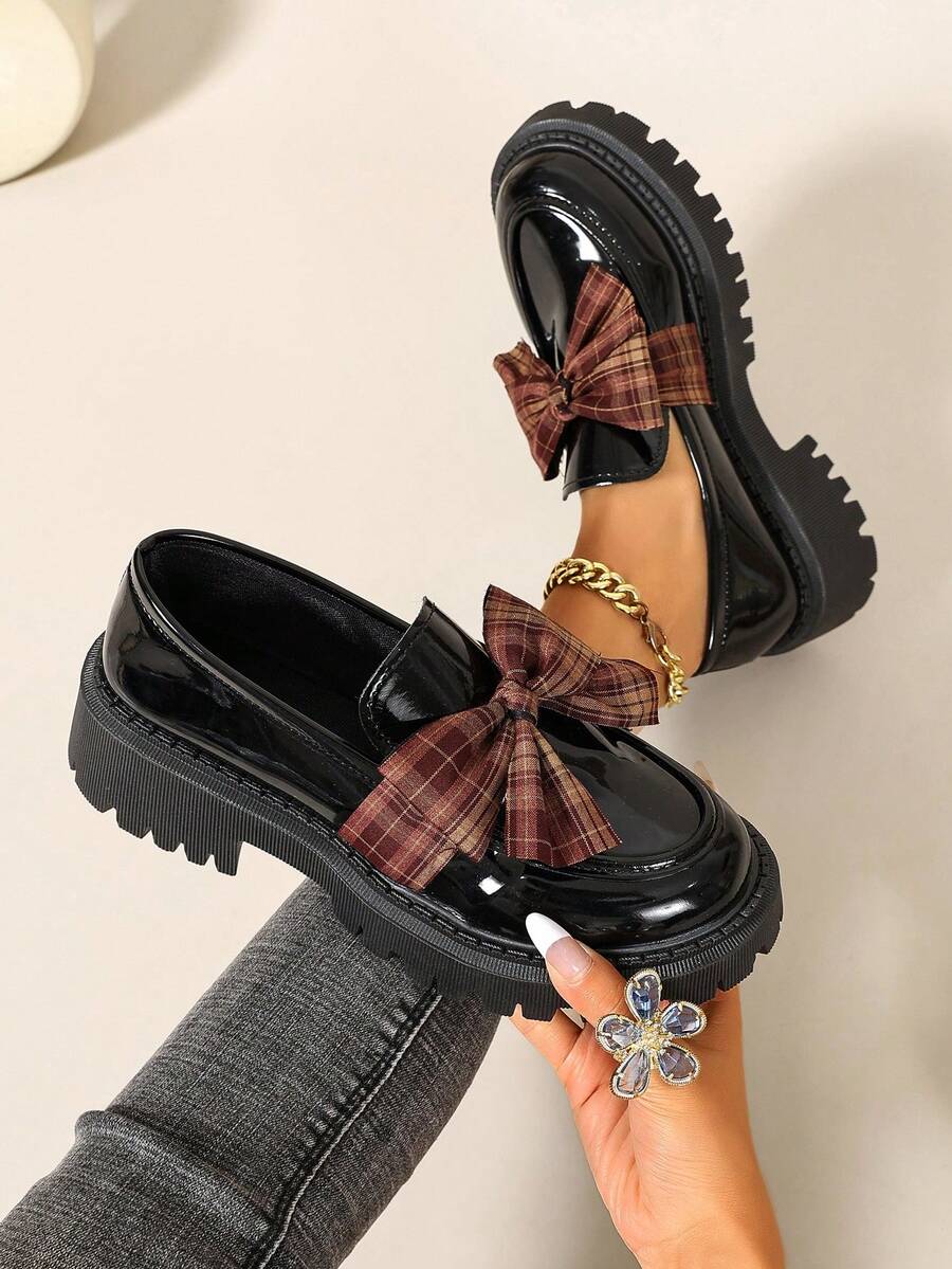 Women's Comfortable Round Toe Slip-On Loafers With Bow Decor And Chunky Heel, Suitable For Office Work And Casual Wear - Black - View 1