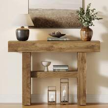 LITTLE TREE 105cm Farmhouse 2-Tier Console Table Narrow Storage Sofa Table Behind Couch For Hallway Foyer Living Room Light Brown - Light Brown - View 7