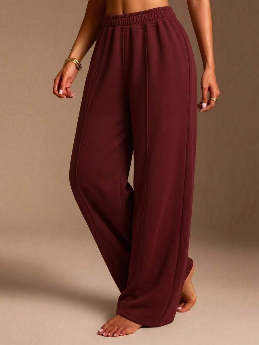 Women's Casual Loose Minimalist Solid Color Elastic Waist Sweatpants With Pockets - Burgundy - View 1