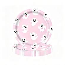 10pcs/20pcs/50pcs/80pcs Halloween Pink Ghost Theme Paper Tableware Set, Includes Paper Plates, Napkins And Paper Cups, Printed With Cute "Boo" Ghost Pattern; Suitable For Halloween Trick Or Treat Party, Birthday Party And Day Of The Dead - Multicolor - View 5