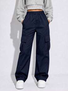1 pieza Pantalones cargo casuales y sueltos de unicolor de moda para niñas preadolescentes, con múltiples bolsillos, para primavera/otoño - Azul - Ver 3