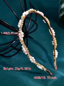 1pc Elegant Pearl Bridal Headband, Minimalist Rhinestone Narrow Headband For Wedding, Festival, Party, Daily Wear Women's Hair Accessory - Gold - View 7