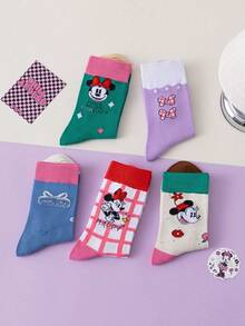 1/5/10 Pairs Disney Men's Mid-Calf Socks, Halloween Bow Plaid Minnie Mouse, Autumn/Winter Funny Socks - Multicolor - View 6