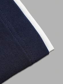 Men Classic Collar Polo Short Sleeve Shirt, White Contrast Hem Design, Vintage Gentleman Top For Back To School & Holiday - Navy Blue - View 6