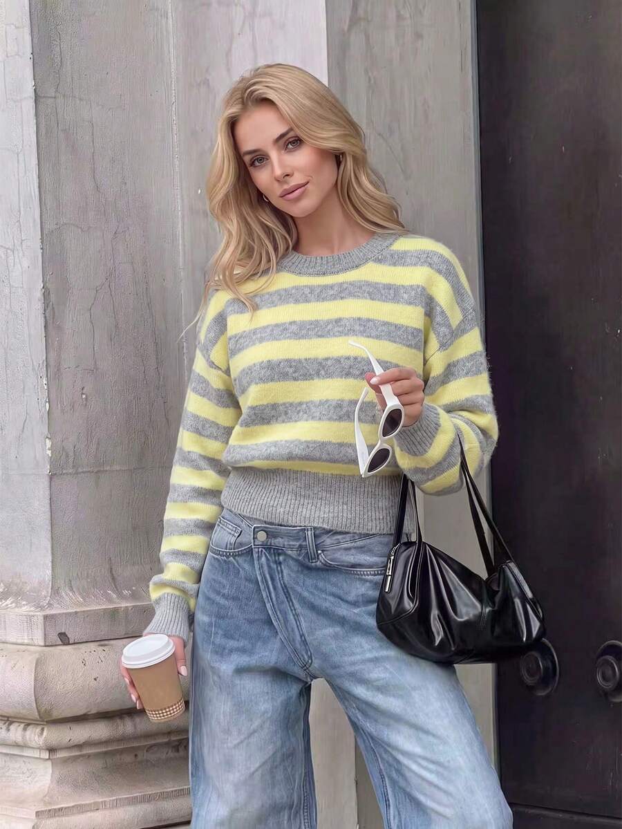 Nicenter Women's Fall Grey Yellow Striped Wool Blend Crew Neck Drop Shoulder Long Sleeve Relaxed Cropped Rib Hem Pullover Soft Casual Retro Daily Knit Sweater - Multicolor - View 1