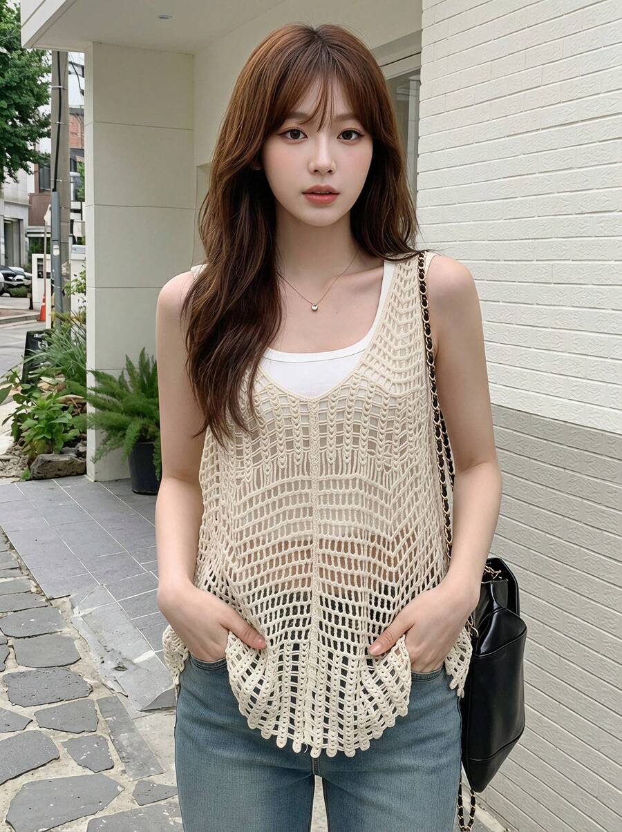 Yorily Rompi Sweater Polos Berongga Kasual Musim Panas - Aprikot - View 1