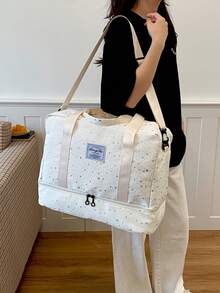 New Star Print Portable Travel Bag For Women, Double Layer Expandable Structure, Independent Bottom Compartment For Increased Storage Space, Reinforced Handle With Adjustable Long Shoulder Strap, Luggage Strap Compatible, Suitable For Fitness, Short Trips, Student Dorm Use, Practical Hand Luggage Bag - White - View 9