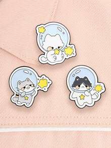 3pcs Cute Astronaut Cat Badge, Cartoon Space Cat And Star Enamel Pin, Fashion Accessory For Clothes And Backpacks, Gift For Cat And Astronaut Lovers - Multicolor - View 4