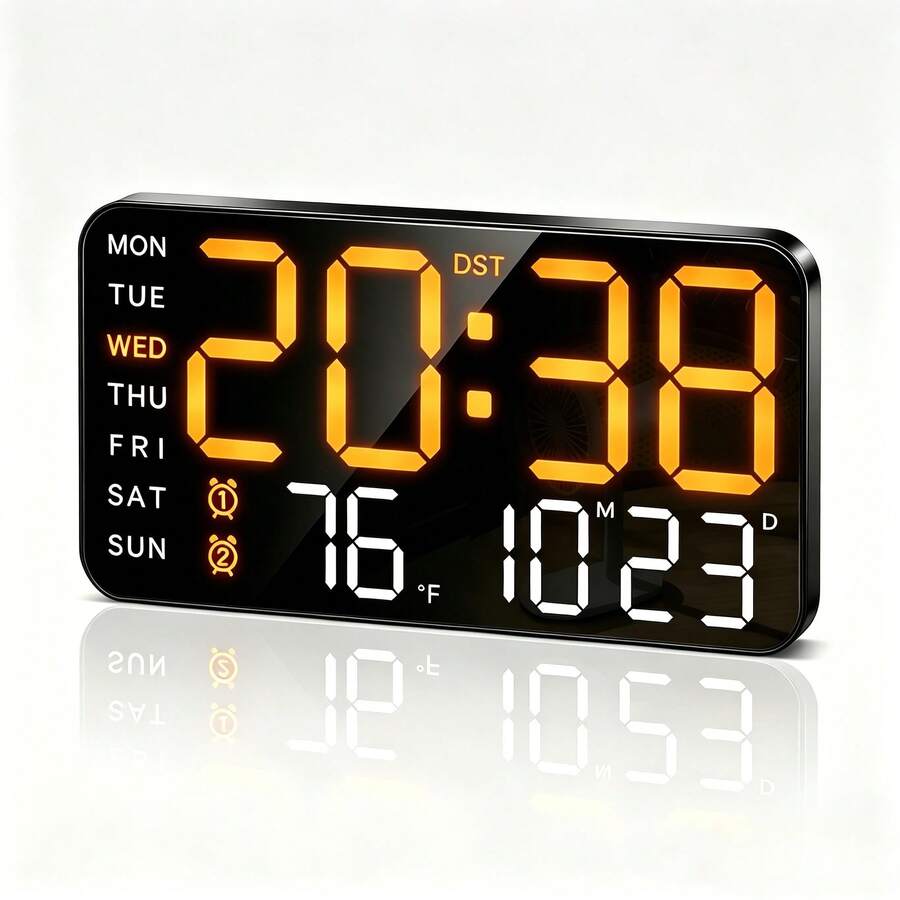 Large Digital Alarm Clock For Bedroom, Displays Temperature, Date And Day Of The Week, Adjustable Brightness And Volume, Desktop Or Wall Mount, Modern Home And Office Clock