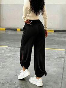 Women's Loose Wide Leg Pants With Side Slit And Cuffed Hem, 9/10 Length, Slimming And Height-Enhancing Black Casual Versatile Long Pants, Autumn/Winter Fashion Design - Black - View 8