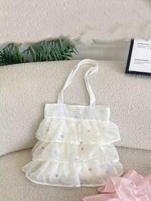 開學季 Ins 風格歐根紗層次感托特包，花卉刺繡韓系大容量單肩包，適合上課、通勤、購物、日常出遊、街頭穿搭、拍照必備托特包 - 白色 - 查看 4